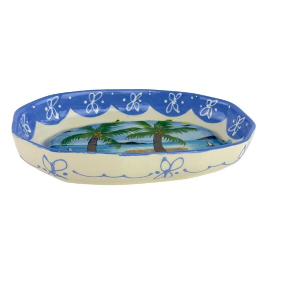 Hand-Painted Ceramic Tropical Jewelry Trinket Dish With Palm Trees & Ocean Scene - Picture 3 of 14